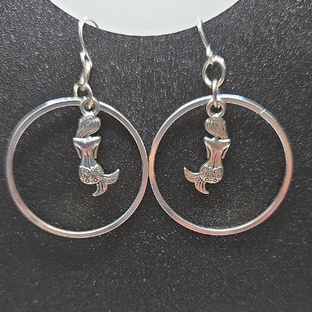 Handmade Silver Mermaid Hoop Earrings 2"